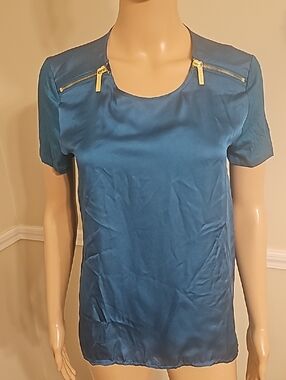 Michael Kors Teal Short Sleeve Top with Gold Zips
